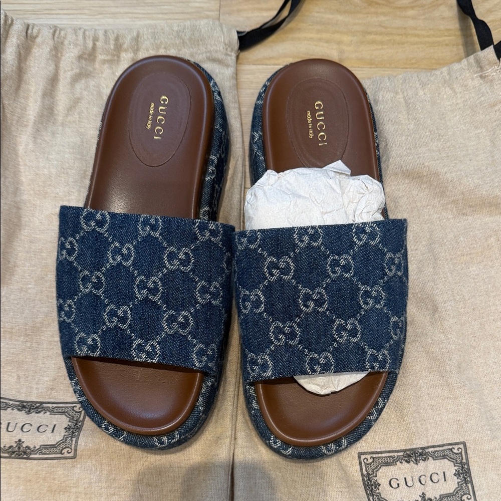 Gucci Denim GG Slide Sandals in Denim Blue and Brown